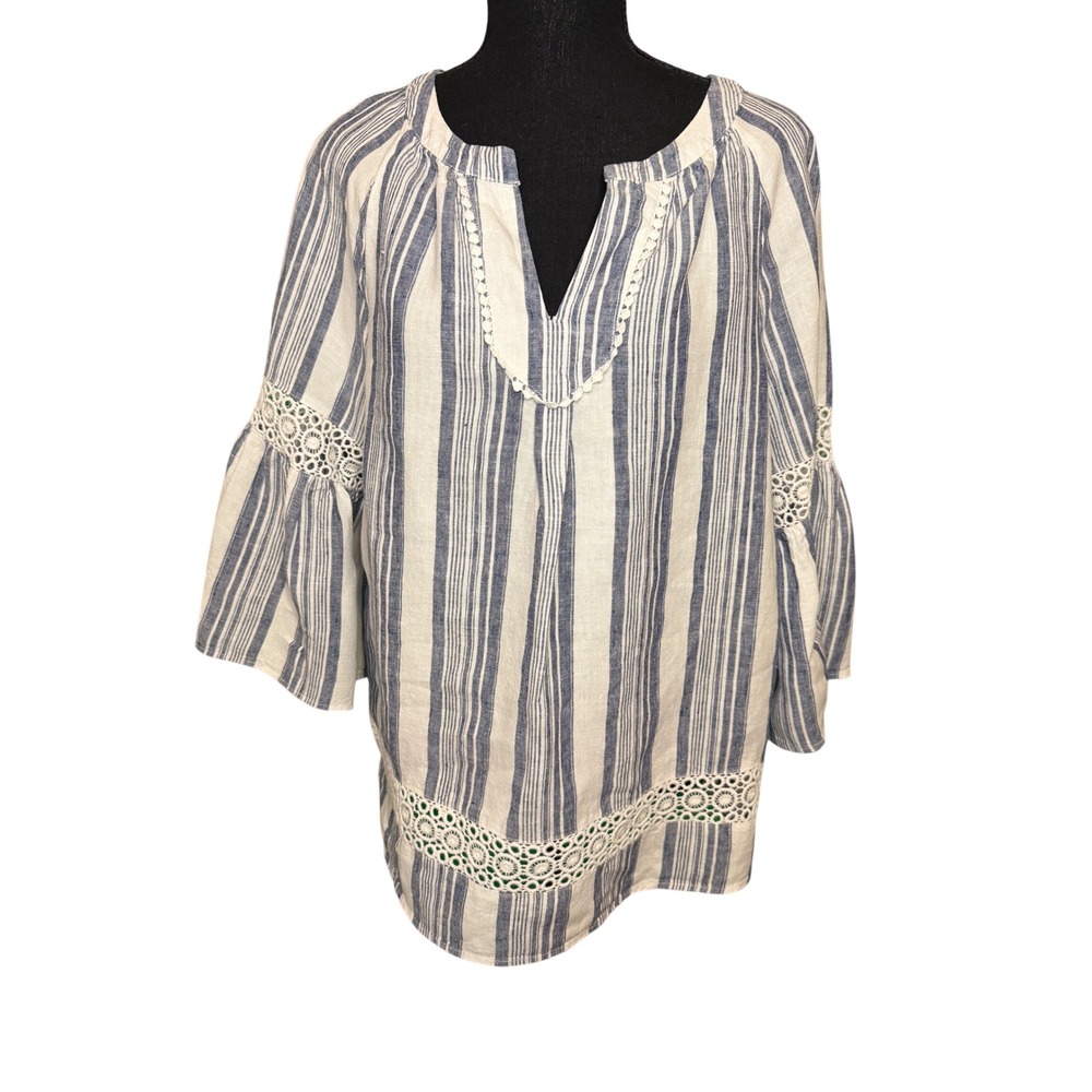 Crown & Ivy Womens Blue White Striped 100% Linen Crochet Lace Trim Tunic Top M